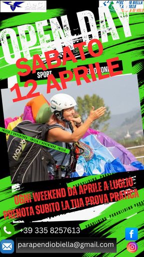 Scuola di parapendio: Open Day gratuiti con l'Aero Club Biella, si parte il 12 aprile.