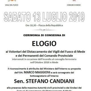Mede: sabato verrà consegnato un elogio ufficiale ai Vigili del Fuoco che evitarono l'esplosione di un treno carico di propilene