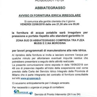Abbiategrasso, fornitura d’acqua irregolare da venerdì sera a sabato mattina