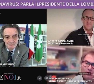 Attilio Fontana con Andrea Confalonieri e l'editore Enrico Anghilante durante la diretta di Varese Noi dedicata all'emergenza Coronavirus