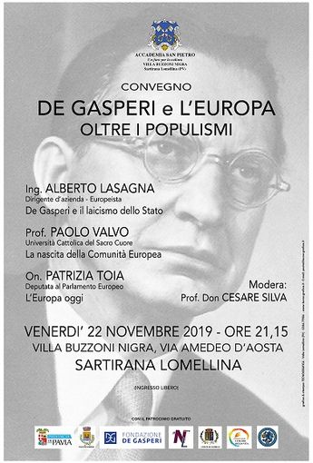 Sartirana: un dibattito dedicato a “De Gasperi e l’Europa – oltre i populismi”.