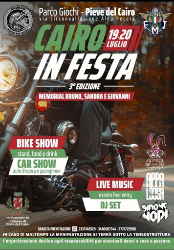 Torna l'appuntamento con &quot;Cairo in Festa&quot; giunto alla 3° edizione. Bike show, stand, food and drink e tante altre sorprese...