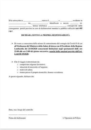 Ordinanza anti Covid, da stasera coprifuoco dalle 23. Ecco il modulo da stampare per circolare
