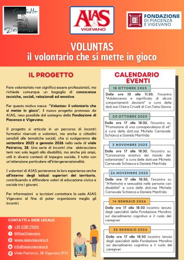 AIAS Vigevano presenta “Voluntas: il volontario che si mette in gioco” grazie al contributo della Fondazione di Piacenza e Vigevano AIAS Vigevano presenta “Voluntas: il volontario che si mette in gioco” grazie al contributo della Fondazione di Piacenza e Vigevano