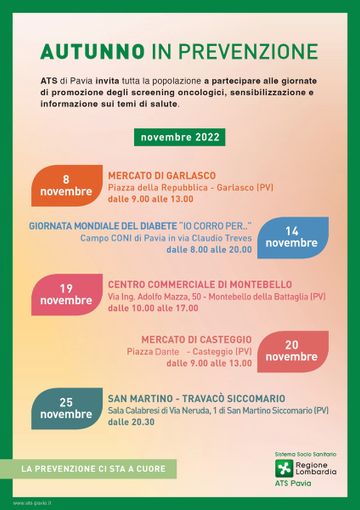 Ats Pavia, al via l'iniziativa itinerante "Autunno in prevenzione" Ats Pavia, al via l'iniziativa itinerante "Autunno in prevenzione"