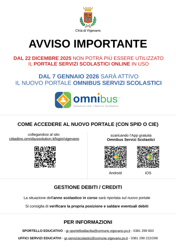 Online dal 7 gennaio il nuovo portale Omnibus servizi scolastici Vigevano