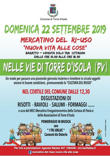 Mercatino del Ri-Uso, anche on the road un’iniziativa di successo domenica 22 Settembre appuntamento a Torre d’Isola: gli organizzatori esprimono soddisfazione, oltre 100 le adesioni Mercatino del Ri-Uso, anche on the road un’iniziativa di successo domenica 22 Settembre appuntamento a Torre d’Isola: gli organizzatori esprimono soddisfazione, oltre 100 le adesioni