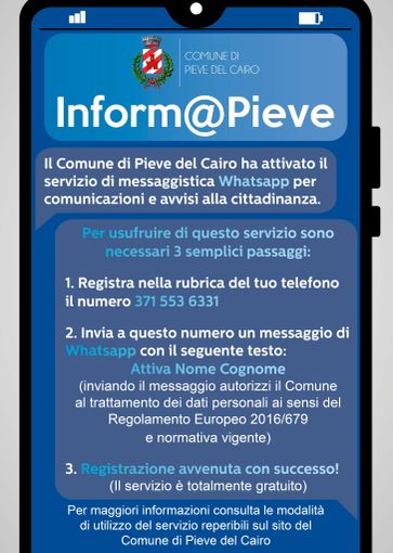 Pieve del Cairo: il comune attiva un servizio di messaggistica istantanea Whatsapp