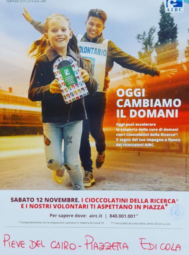 Tornano anche a Pieve del Cairo i Cioccolatini della Ricerca di Fondazione Airc Tornano anche a Pieve del Cairo i Cioccolatini della Ricerca di Fondazione Airc