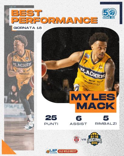 Basket serie A2, Mack "best performance" della Lega Nazionale Pallacanestro per la 18a giornata di campionato Basket serie A2, Mack "best performance" della Lega Nazionale Pallacanestro per la 18a giornata di campionato