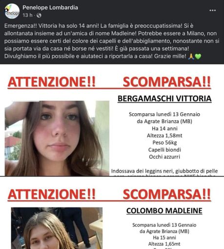 Ragazze scomparse da Agrate Brianza: la ricerca continua Ragazze scomparse da Agrate Brianza: la ricerca continua