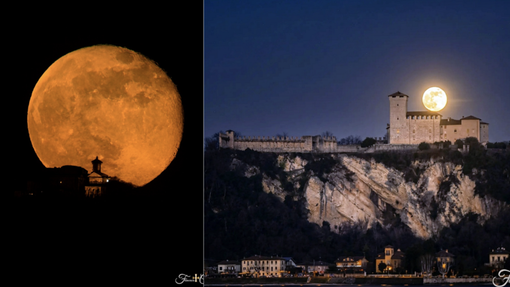 Un collage di due meraviglie: a sinistra la Superluna dietro al santuario di Santa Maria del Monte a Varese, a destra dietro la Rocca di Angera