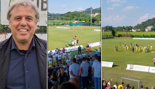 Alessandro Lorenzi, 54 anni, ha guidato il Magenta in D e nella storia. A destra i festeggiamenti con l'allenatore in trionfo davanti alla rete dove squadra e tifosi sono una cosa sola