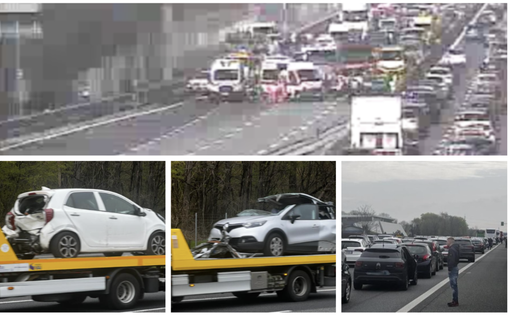 L'incidente visto da una webcam di Autostrade per l'Italia. Sotto: due delle auto coinvolte e le lunghe code in A8 L'incidente visto da una webcam di Autostrade per l'Italia. Sotto: due delle auto coinvolte e le lunghe code in A8