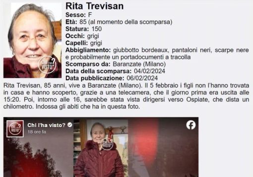 Bollate: scomparsa donna di 85 anni