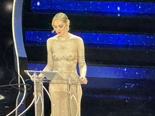 Chiara Ferragni durante il suo monologo durante la prima serata del 73° Festival di Sanremo