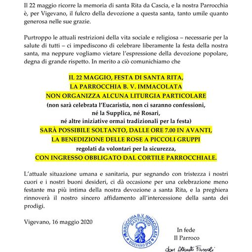 Vigevano, la parrocchia dell'Immacolata celebra Santa Rita