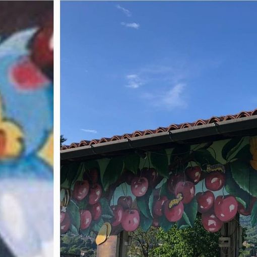 Il banco della vendita delle ciliegie al Parco Cinque Piante di Oltrona senza la sagoma del picchio