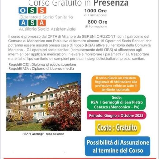 A Menconico un corso completamente gratuito per operatori socio-sanitari