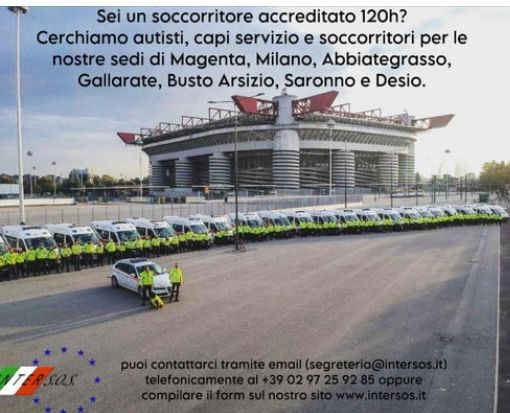 Inter Sos cerca autisti, capi servizio e soccorritori per le sedi di Magenta, Abbiategrasso, Milano, Gallarate, Busto Arsizio