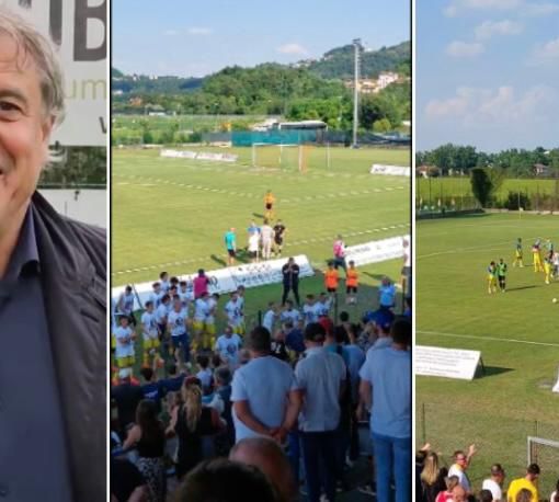 Alessandro Lorenzi, 54 anni, ha guidato il Magenta in D e nella storia. A destra i festeggiamenti con l'allenatore in trionfo davanti alla rete dove squadra e tifosi sono una cosa sola