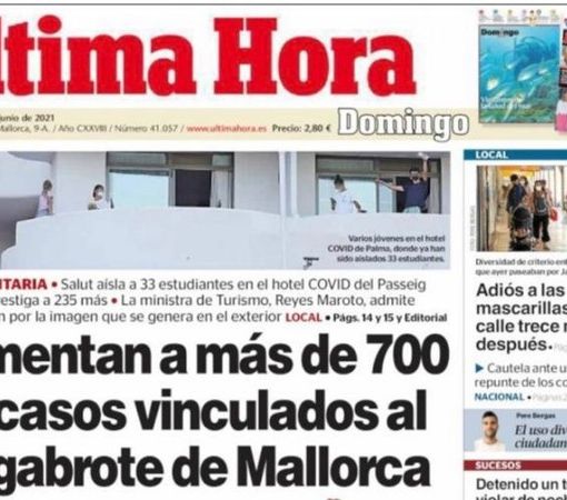 Il maxi focolaio di Covid in prima pagina su uno dei quotidiani di Maiorca