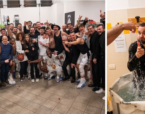 Adriano Vertemati festeggia la promozione con la sua squadra (foto Apu Udine)
