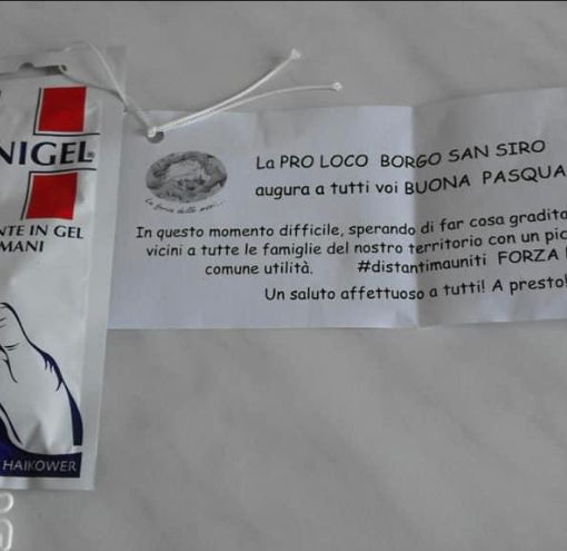 Borgo San Siro, la Pro loco augura buona Pasqua distribuendo un gel disinfettante alla popolazione