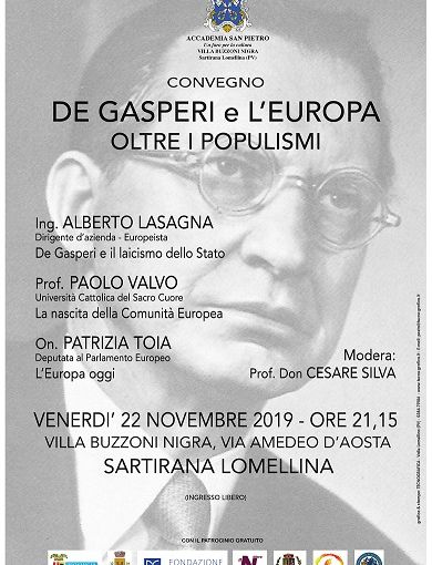 Sartirana: un dibattito dedicato a “De Gasperi e l’Europa – oltre i populismi”.