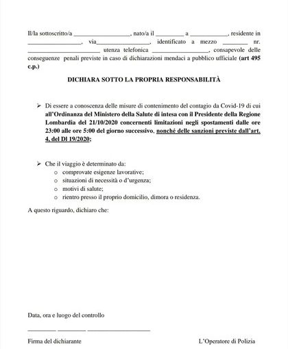 Ordinanza anti Covid, da stasera coprifuoco dalle 23. Ecco il modulo da stampare per circolare
