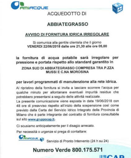 Abbiategrasso, fornitura d’acqua irregolare da venerdì sera a sabato mattina