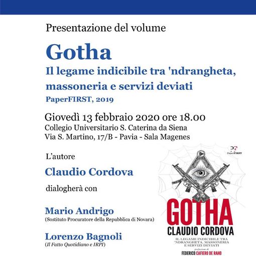 Il 13 febbraio a Pavia la presentazione di “Gotha”: Cordova dialoga con il pm Andrigo, che indagò sul delitto Fortugno