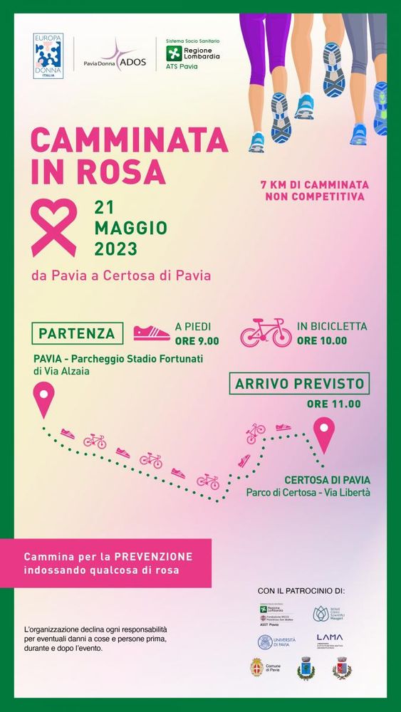 Domenica 21 maggio a Pavia torna la camminata “In Rosa”,  per la prevenzione contro i tumori femminili