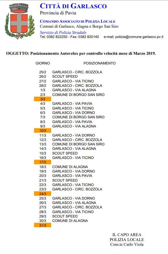 A Garlasco il comune avvisa con un calendario pubblicato sul sito del comune, i giorni in cui vengono installati speed check e scout speed, ovvero i rilevatori di velocità