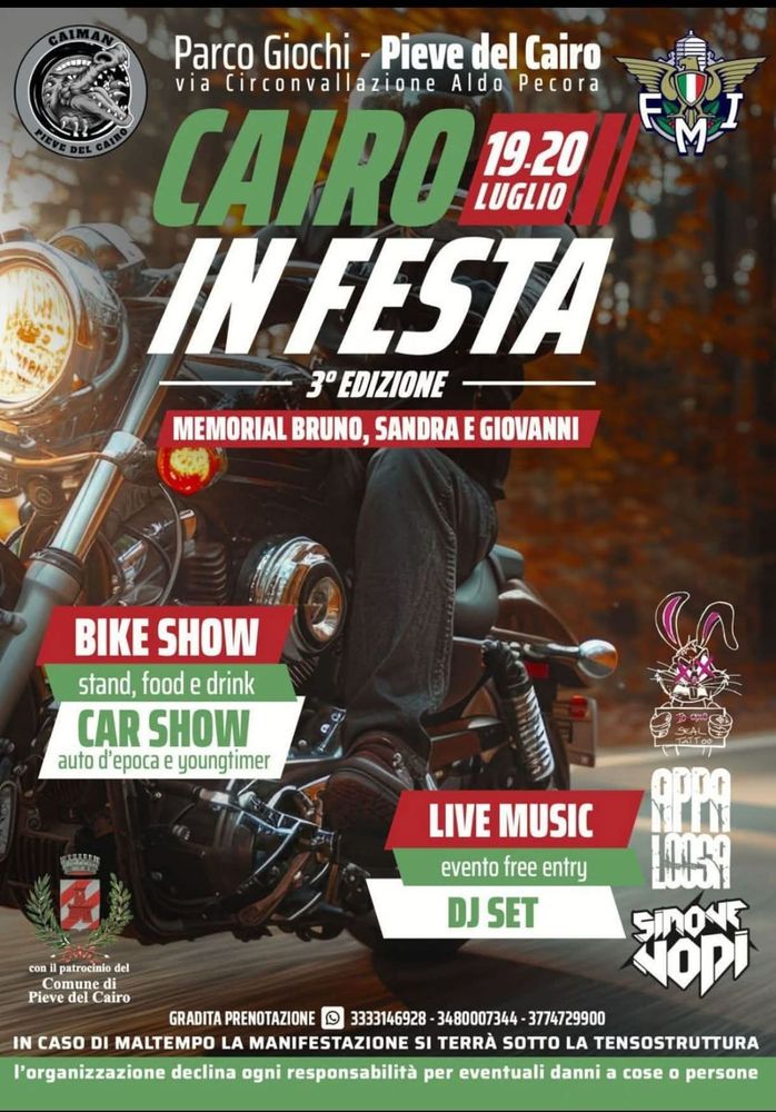 Torna l'appuntamento con "Cairo in Festa" giunto alla 3° edizione. Bike show, stand, food and drink e tante altre sorprese... Torna l'appuntamento con "Cairo in Festa" giunto alla 3° edizione. Bike show, stand, food and drink e tante altre sorprese...