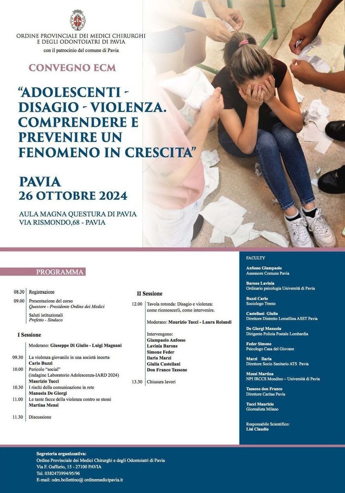 Disagio e giovani: sabato 26 ottobre il convegno in questura a Pavia organizzato dall’ordine dei medici Disagio e giovani: sabato 26 ottobre il convegno in questura a Pavia organizzato dall’ordine dei medici