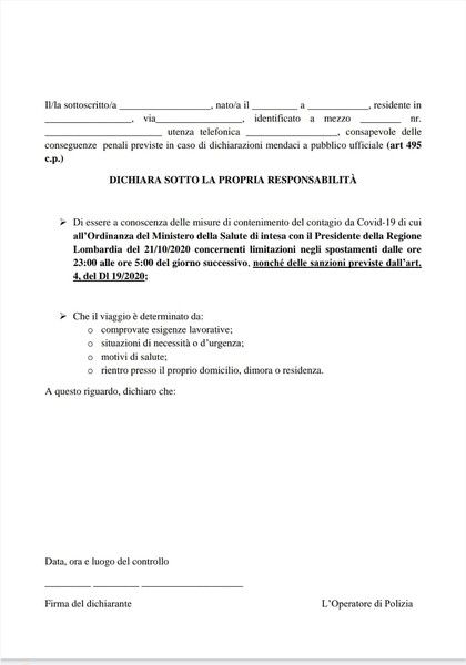 Ordinanza anti Covid, da stasera coprifuoco dalle 23. Ecco il modulo da stampare per circolare Ordinanza anti Covid, da stasera coprifuoco dalle 23. Ecco il modulo da stampare per circolare
