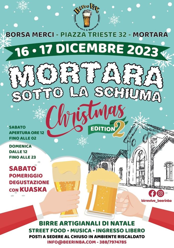 “Mortara sotto la schiuma – Christmas Edition”, sabato 16 e domenica 17 dicembre in Borsa Merci