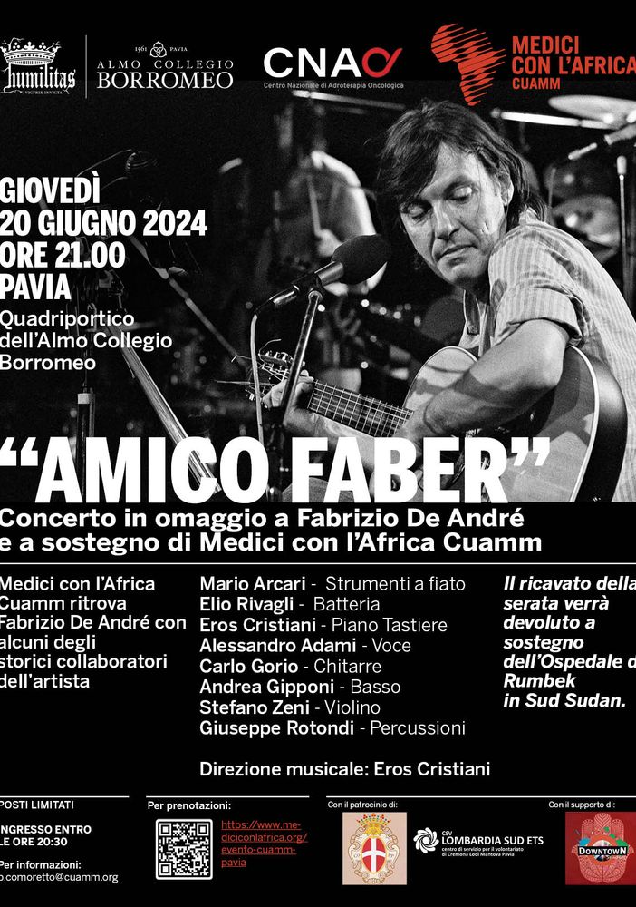 Il 20 giugno a Pavia, “Amico Faber”: CNAO e Almo Collegio Borromeo organizzano un concerto benefico per Medici con l'Africa CUAMM