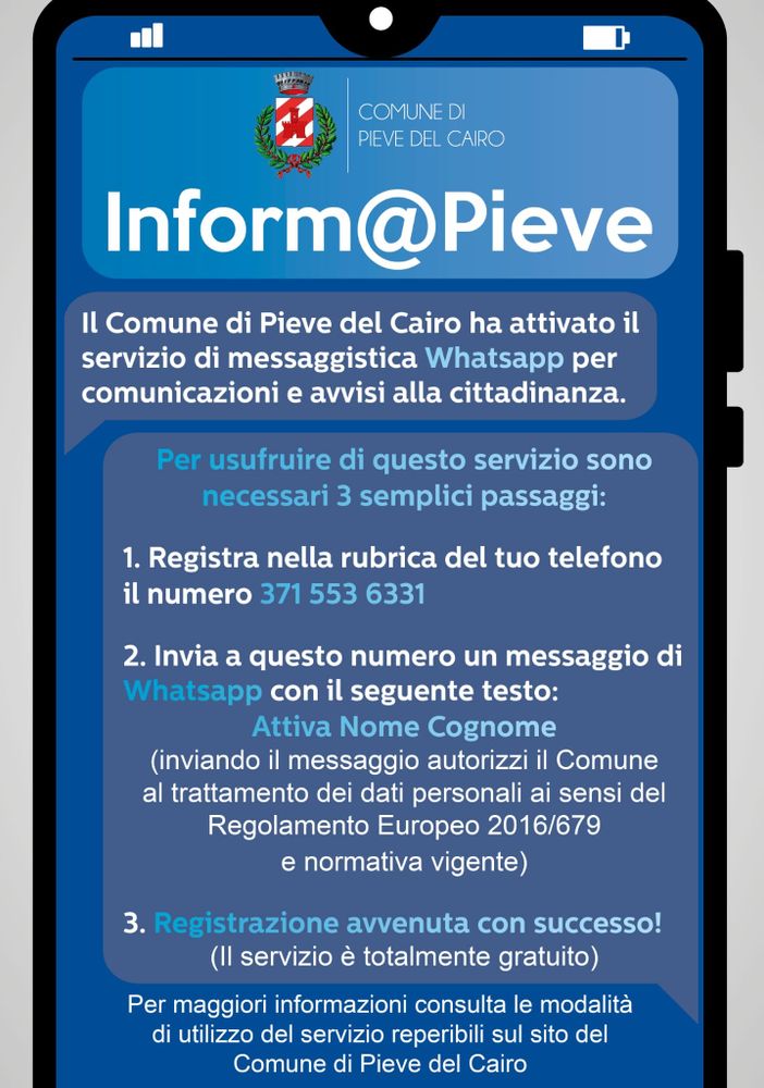 Pieve del Cairo: il comune attiva un servizio di messaggistica istantanea Whatsapp