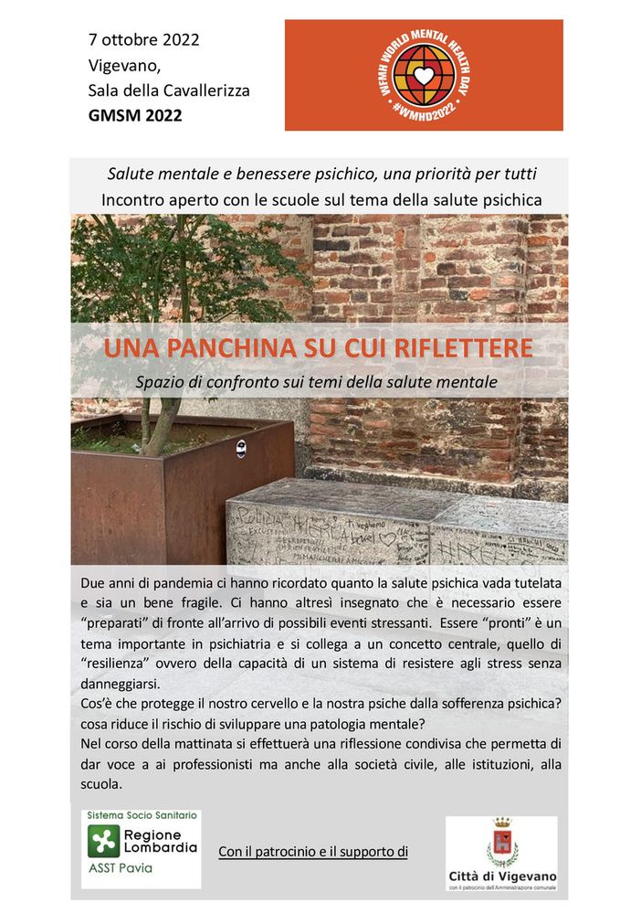 Vigevano: &quot;Una panchina su cui riflettere&quot;, iniziative nella Giornata Mondiale per la Salute Mentale