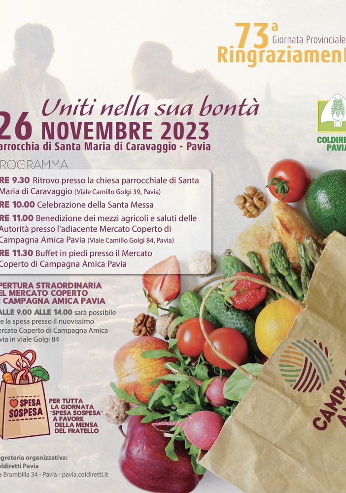 La 73° Giornata del Ringraziamento Coldiretti domenica 26 novembre a Pavia