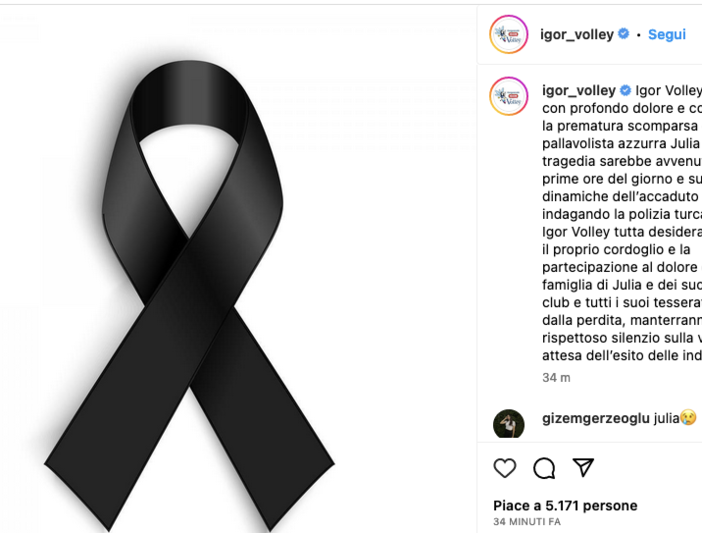 Morte Ituma: Igor Volley, profondo dolore per la tragica scomparsa di Julia