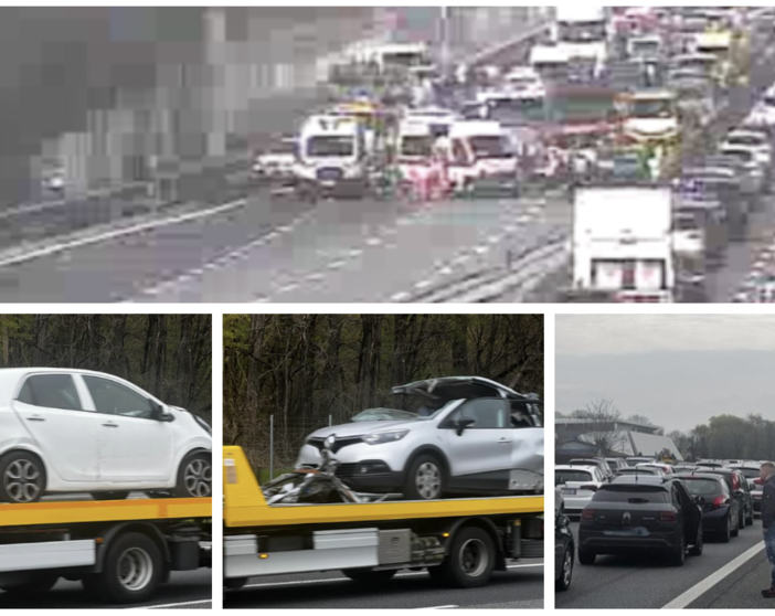 L'incidente visto da una webcam di Autostrade per l'Italia. Sotto: due delle auto coinvolte e le lunghe code in A8