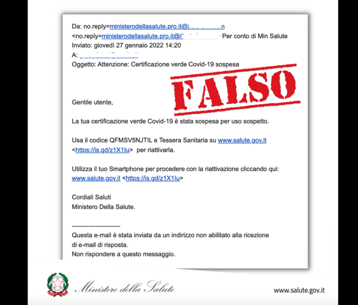 Il ministero: “Attenzione alla truffa delle false mail su scadenza Green pass”