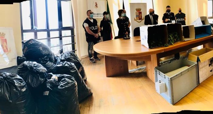 Parte della droga sequestrate e contenuta in sacchi della spazzatura. Le immagini della conferenza stampa in Questura
