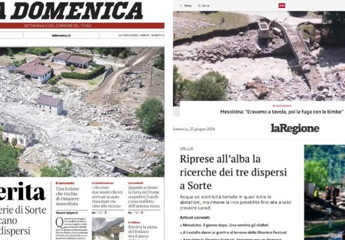 Quotidiani cartacei e online ticinesi con titoli e immagini drammatiche sul disastro in Mesolcina
