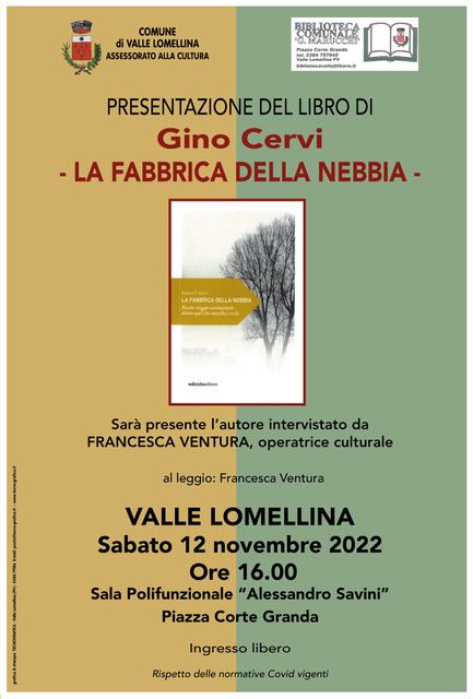 Valle: alla biblioteca &quot;Marucchi&quot; presentazione del libro &quot;La fabbrica della nebbia&quot; di Gino Cervi