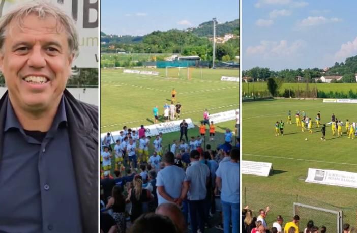 Alessandro Lorenzi, 54 anni, ha guidato il Magenta in D e nella storia. A destra i festeggiamenti con l'allenatore in trionfo davanti alla rete dove squadra e tifosi sono una cosa sola