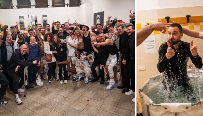 Adriano Vertemati festeggia la promozione con la sua squadra (foto Apu Udine)